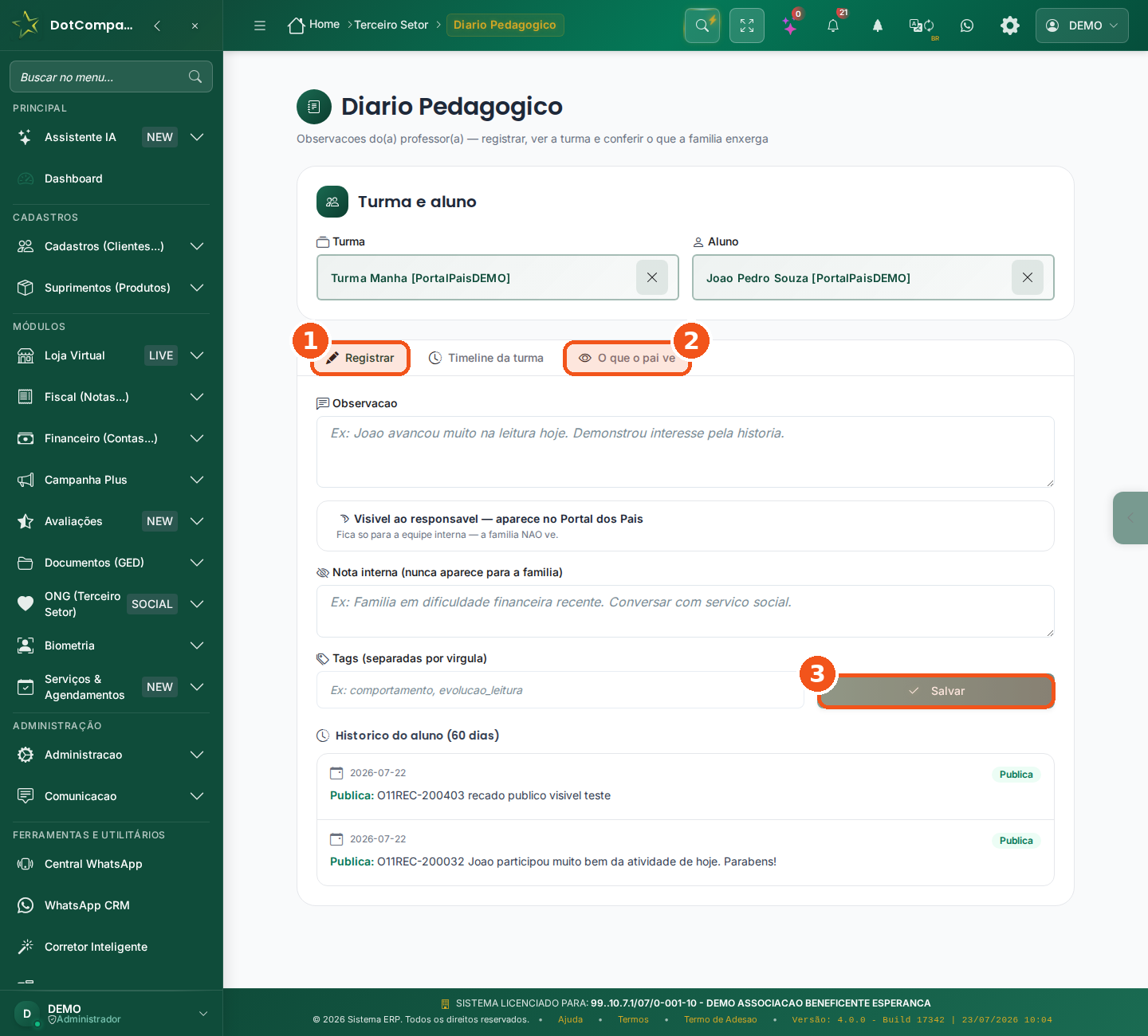 Diário pedagógico, aba Registrar
