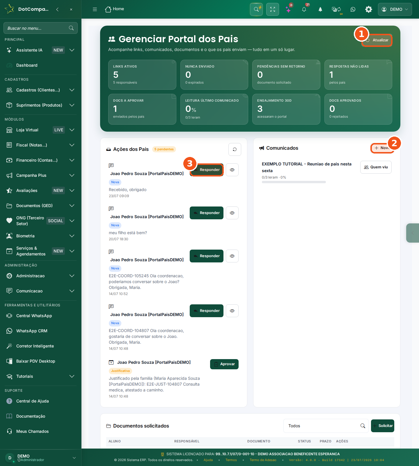 Painel Gerenciar Portal dos Pais