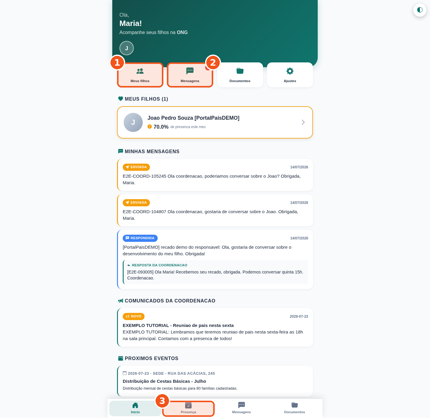 Portal dos Pais — tela inicial que a família vê