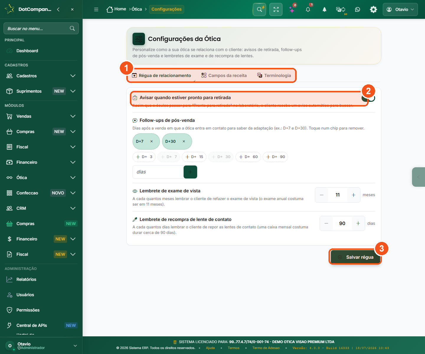 Configurações da Ótica