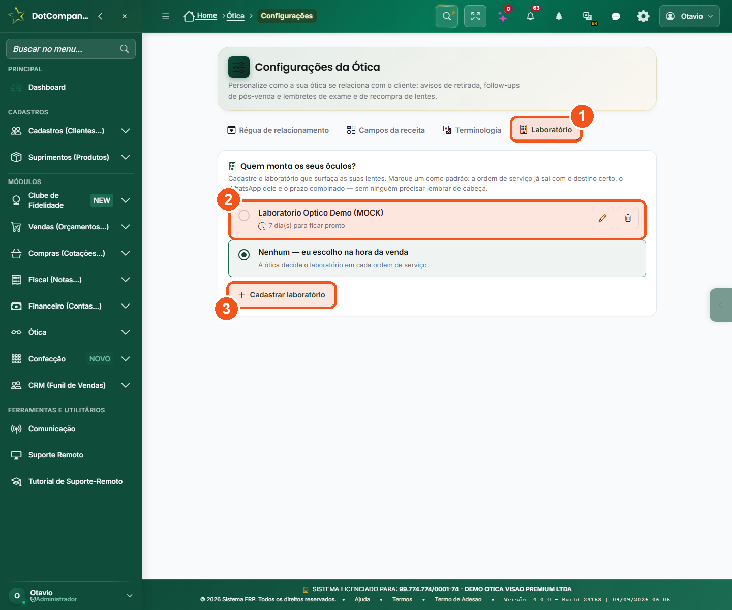 Configurações da Ótica - aba Laboratório