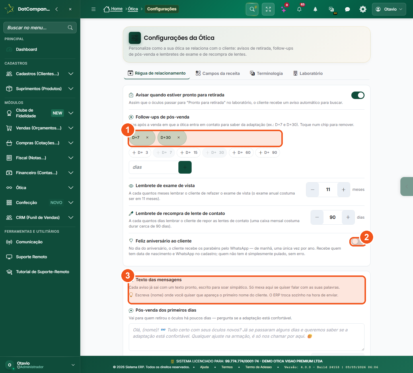 Configurações da Ótica - Régua de relacionamento