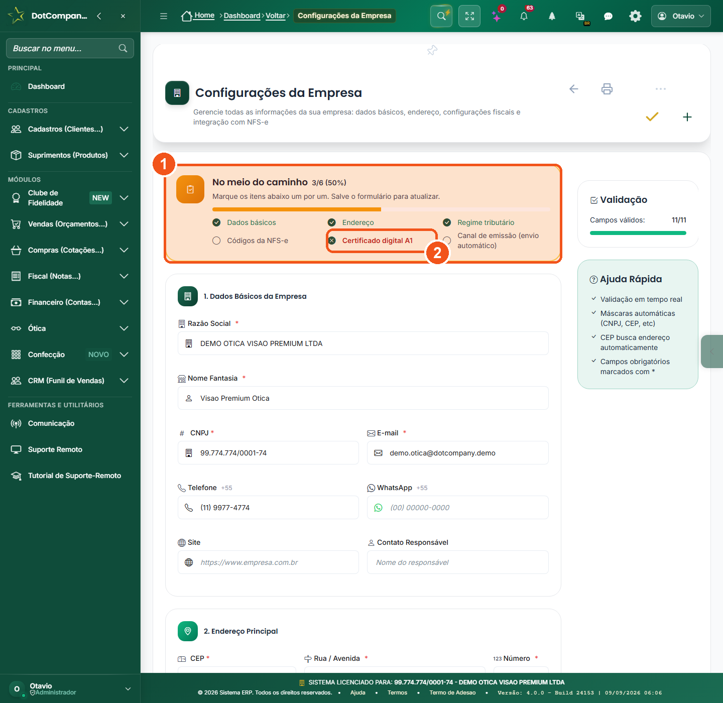 Configurações da Empresa - checklist fiscal