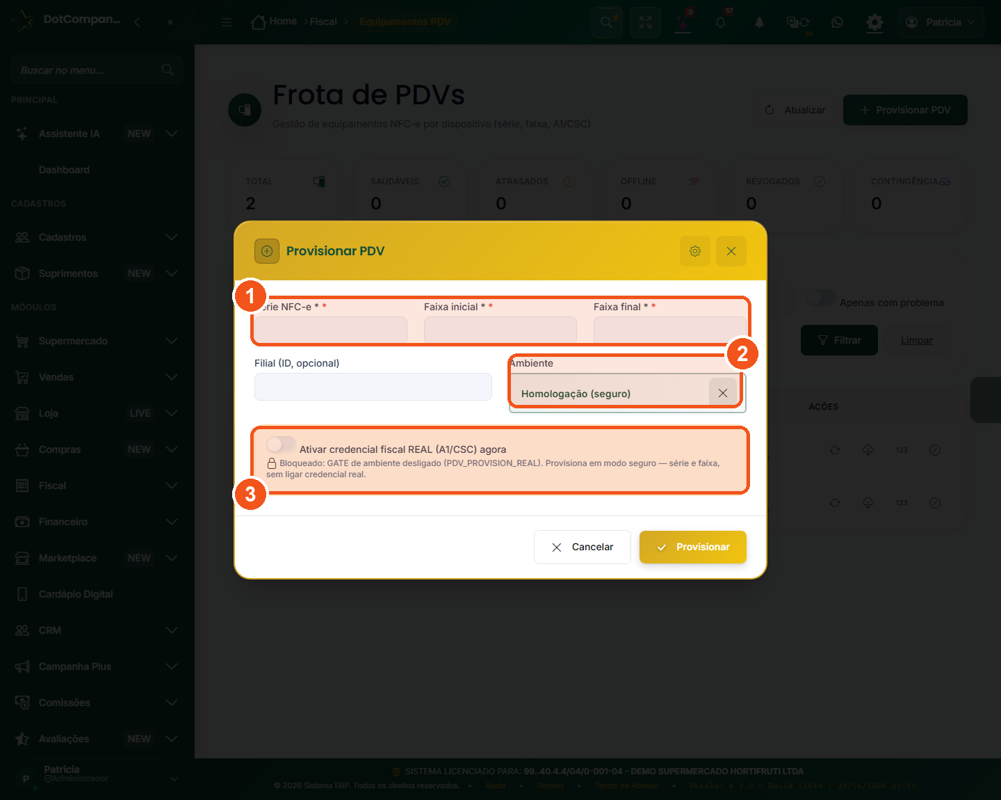 Modal Provisionar PDV: série NFC-e, faixa de numeração, filial e ambiente