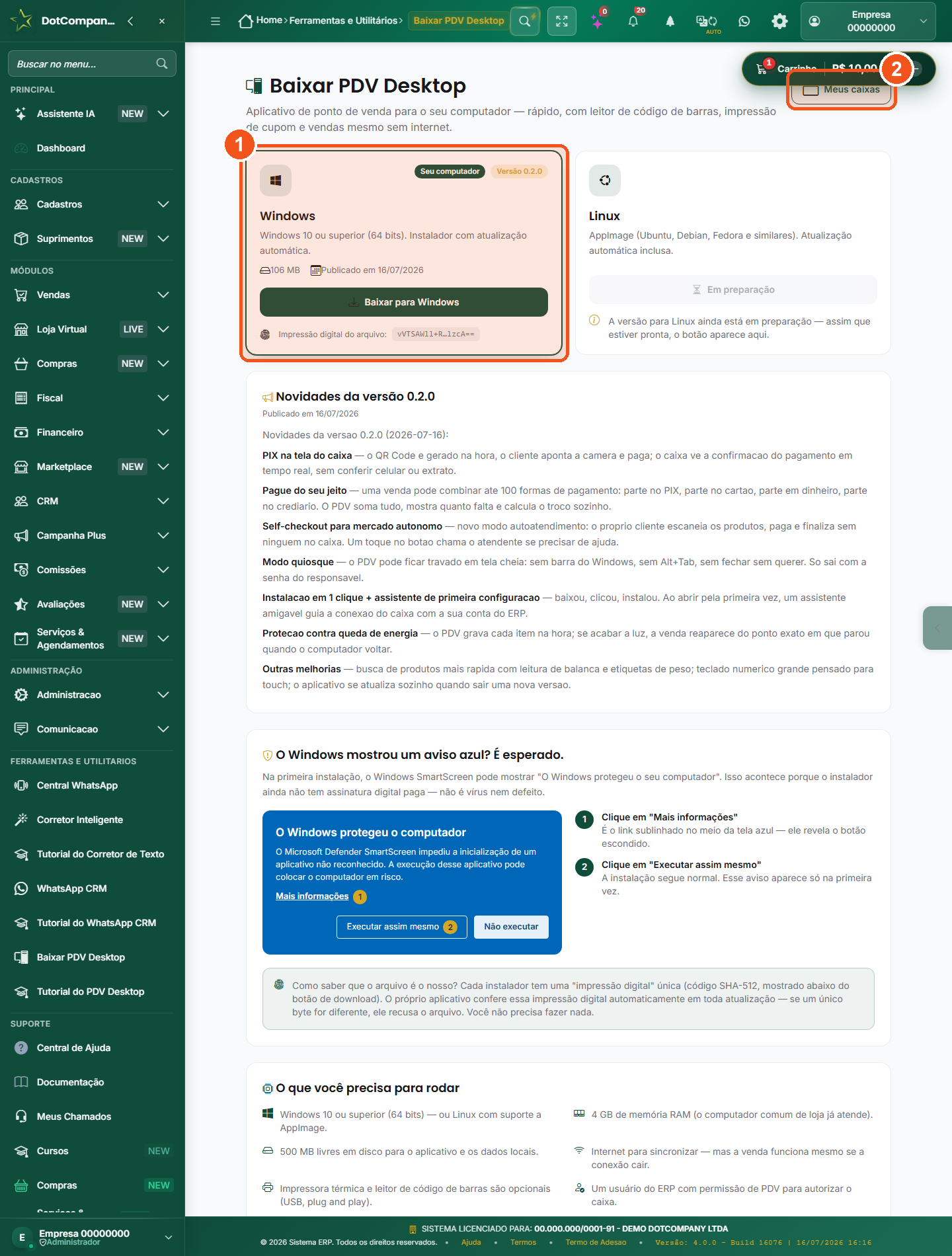 Tela de download do PDV Desktop, cartão Windows