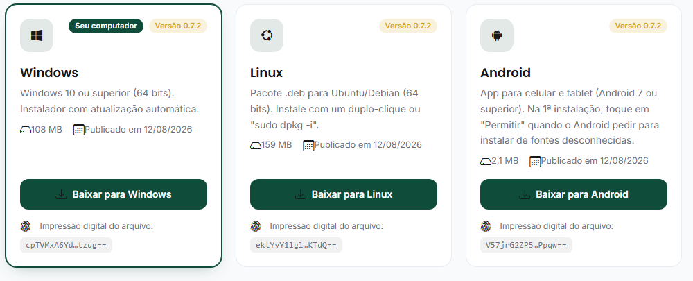 Tela de download do PDV Desktop, cartão Windows