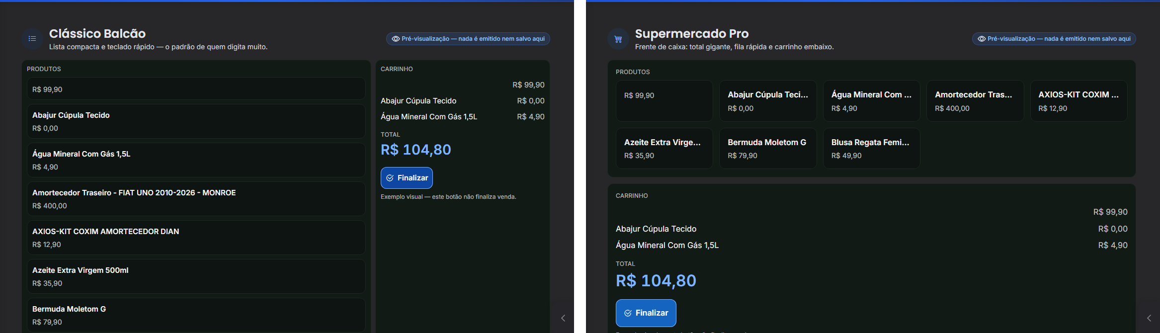 Lado a lado: a mesma venda no modelo Classico Balcao e no modelo Supermercado Pro