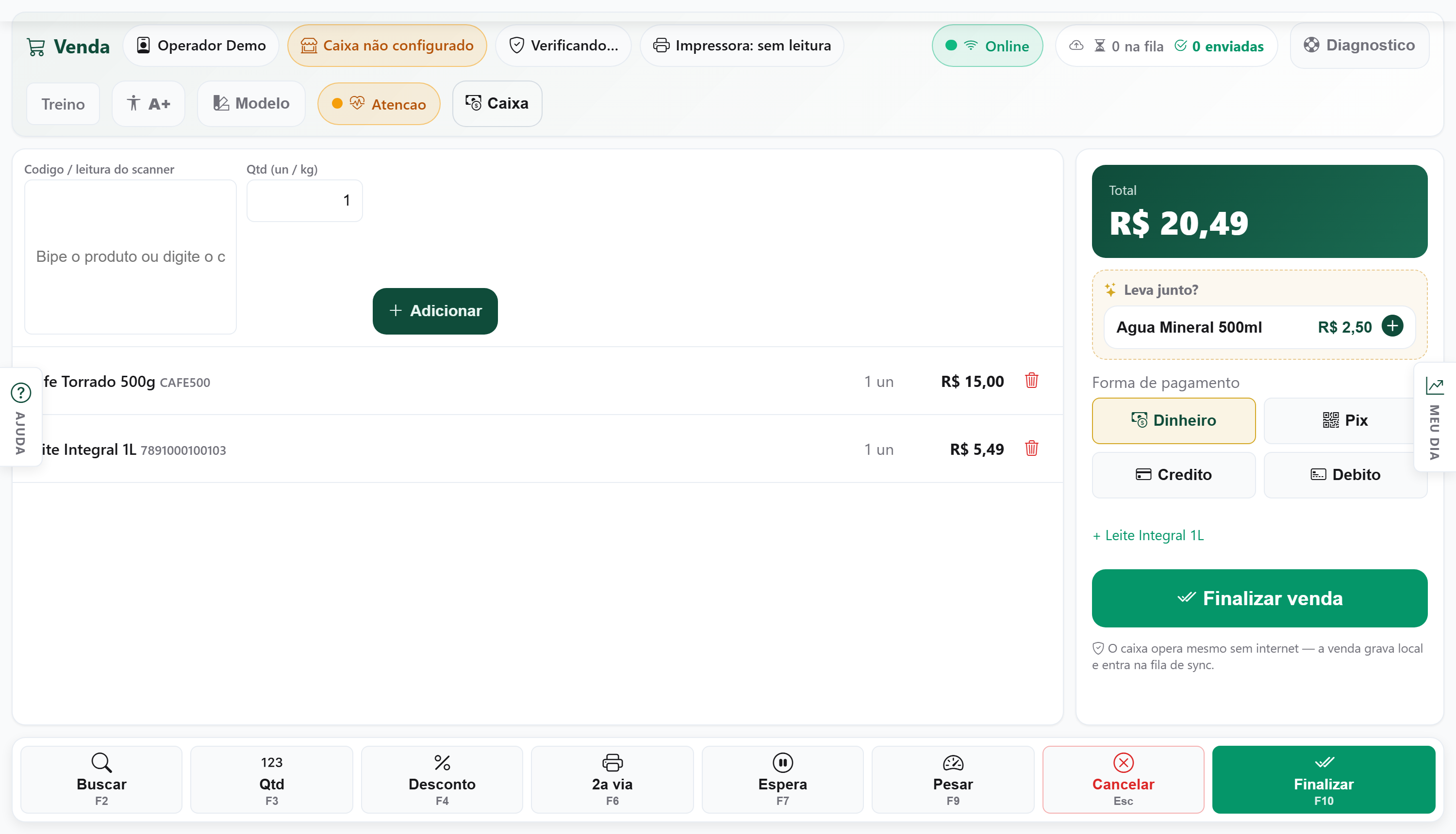 Carrinho do PDV Desktop com dois produtos e o total da venda