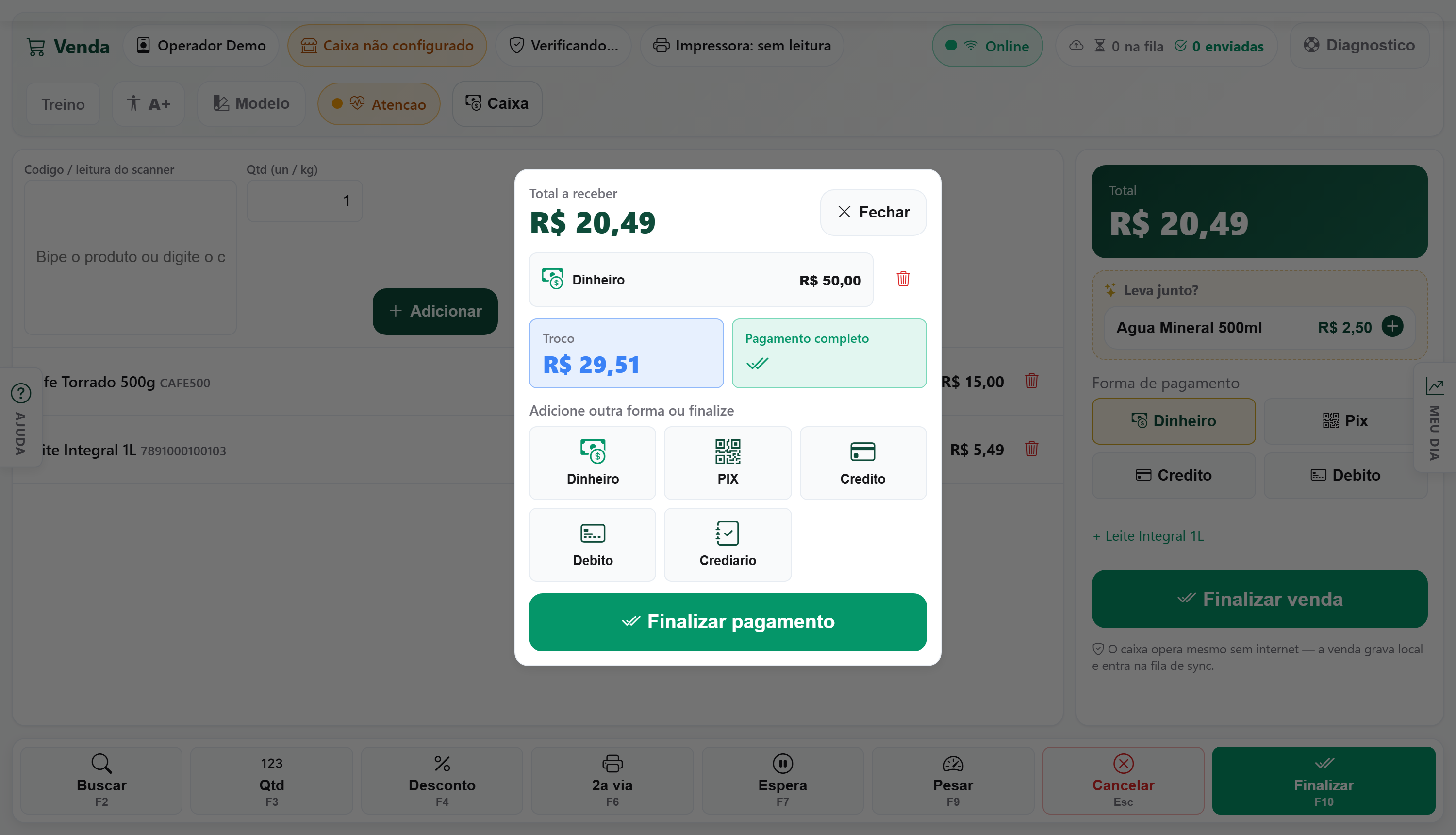 Janela de pagamento com R$ 50,00 em dinheiro, troco de R$ 29,51 e pagamento completo