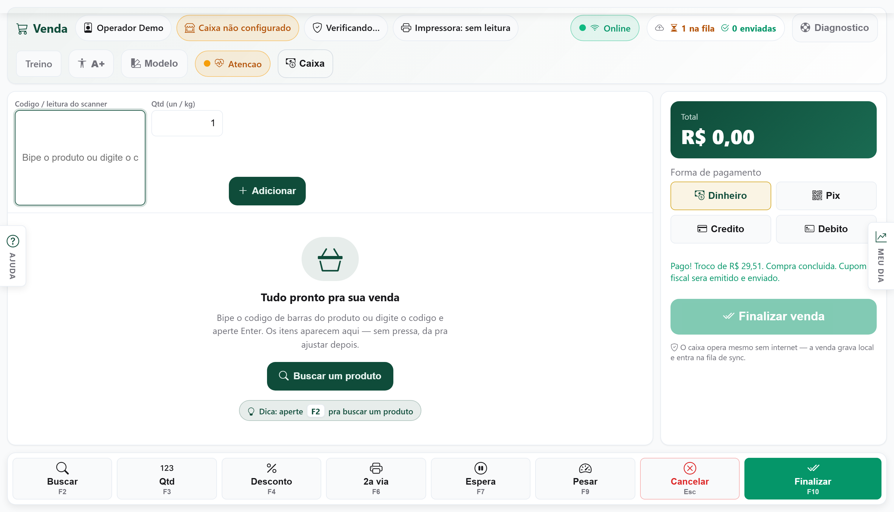 PDV Desktop logo apos fechar a venda, com a mensagem Pago, o troco e o aviso do cupom fiscal
