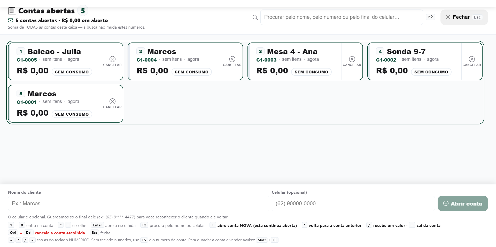 Painel Comandas abertas do PDV Desktop, com os campos nome e celular, o botao Abrir comanda e o aviso de que nao ha comanda aberta