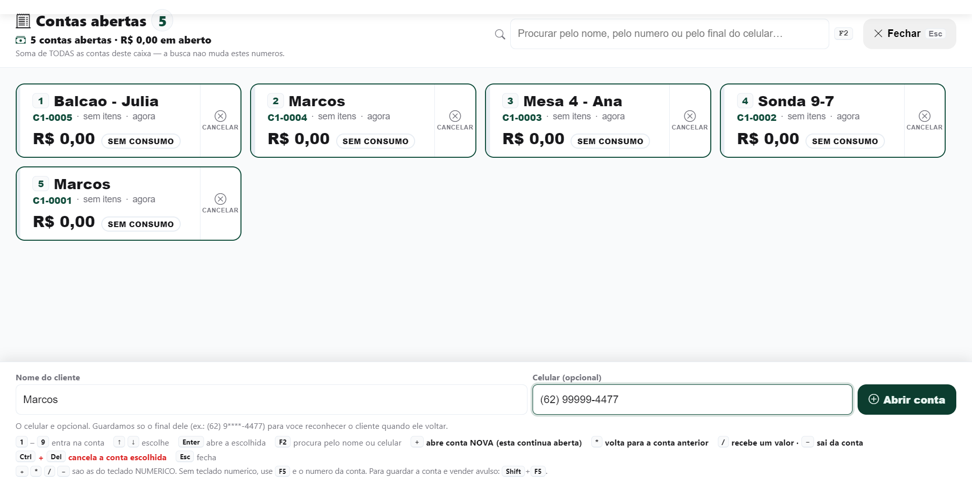 Painel de comandas com o nome Marcos e o celular preenchidos, pronto para tocar em Abrir comanda