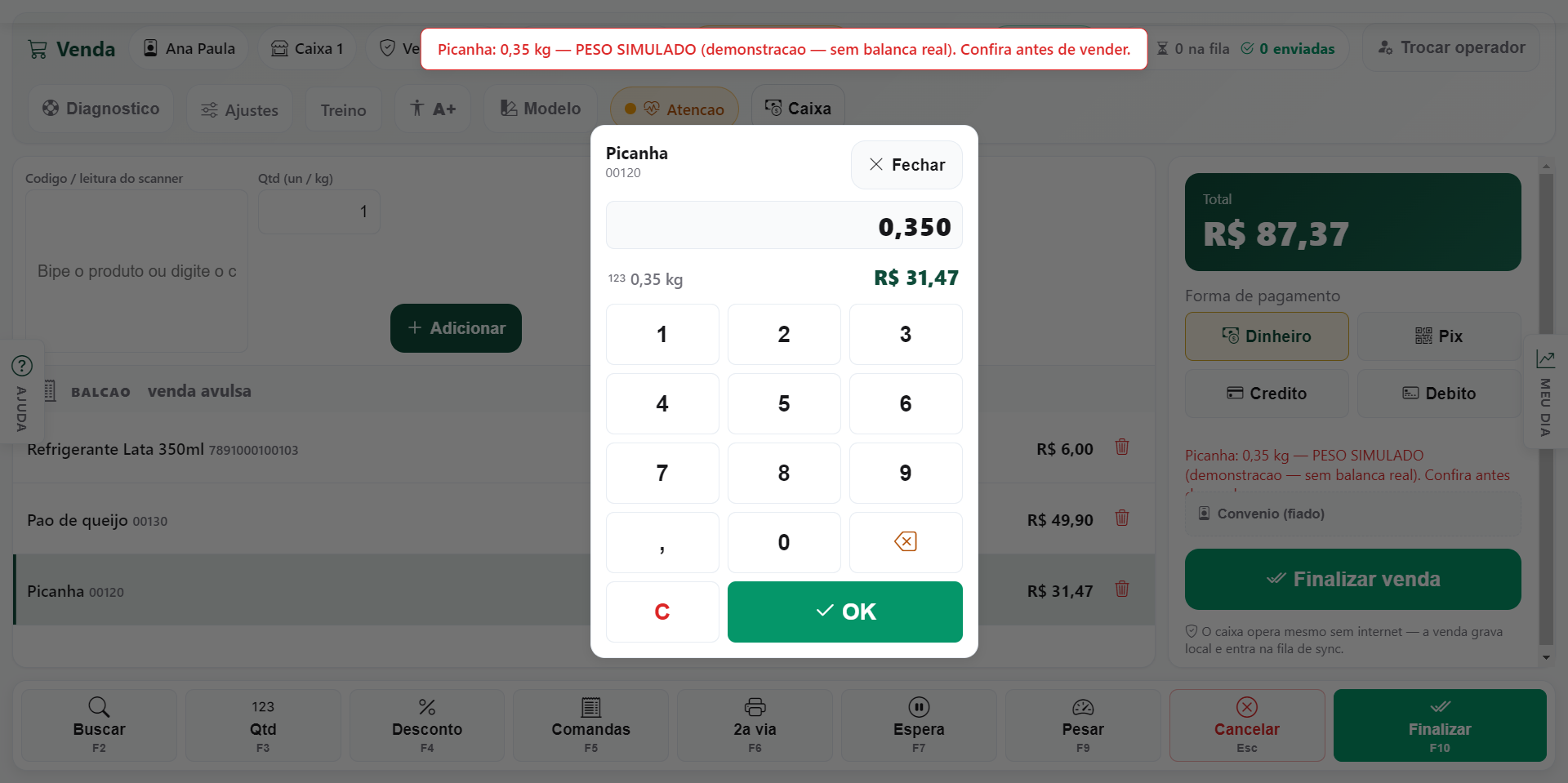 Teclado numerico grande do PDV Desktop com o peso 0,350 digitado na mao e o total de R$ 31,47