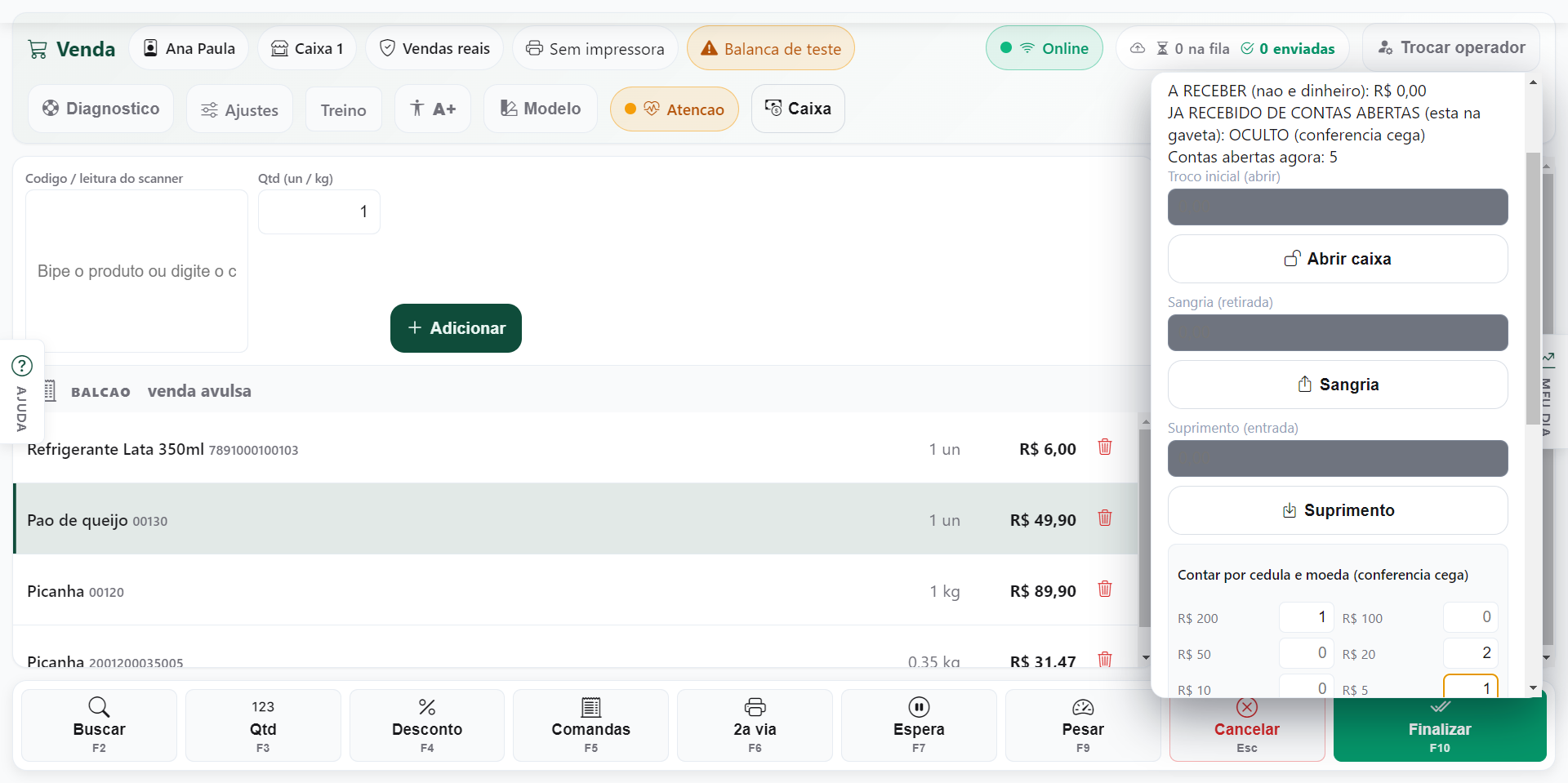 Painel do caixa no PDV Desktop com a contagem as cegas: o valor esperado aparece como OCULTO e a grade de cedulas para o operador digitar