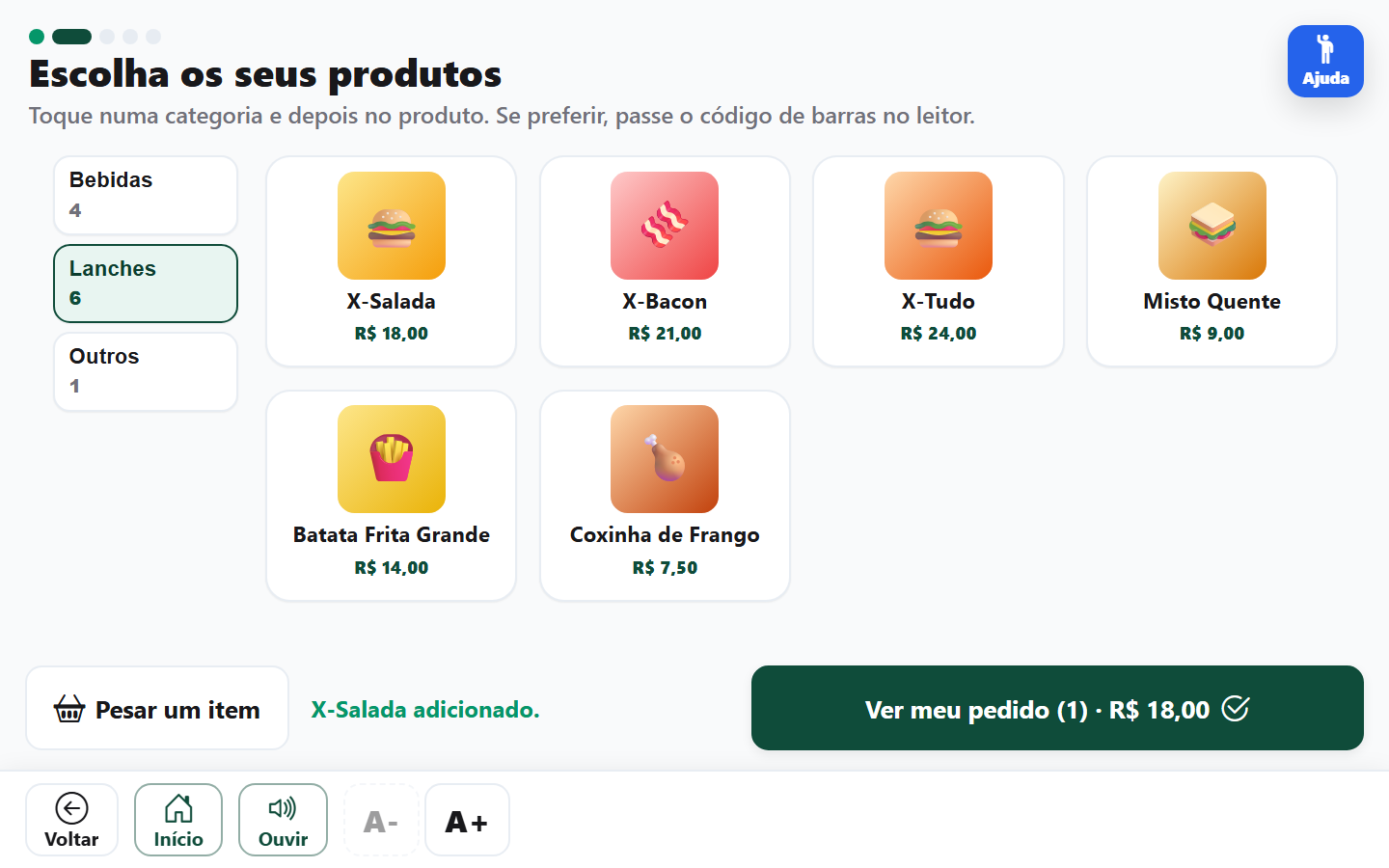 Cardápio Touch: trilho de categorias à esquerda e produtos com foto e preço