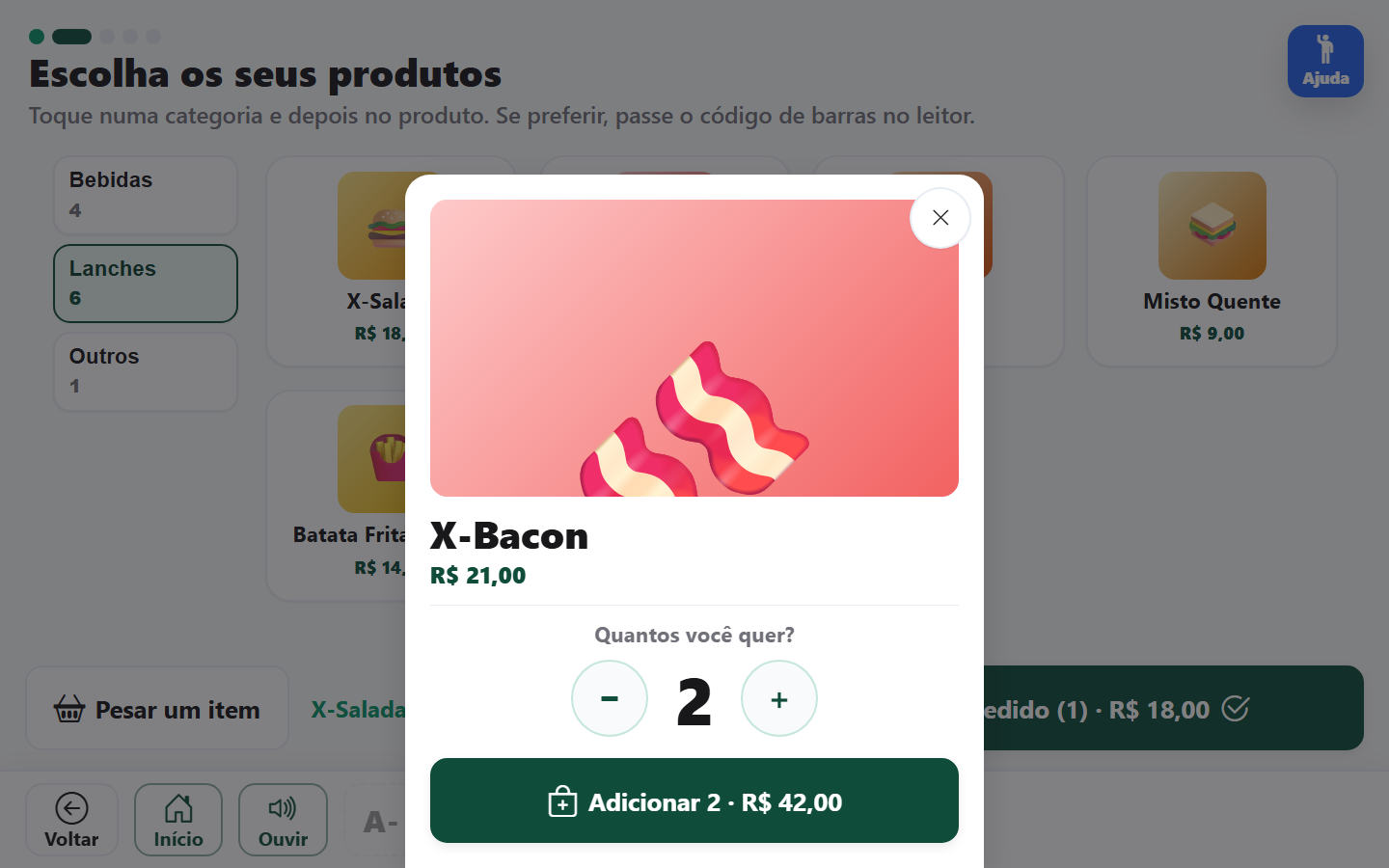 Folha do produto: foto grande, preço e quantidade com botões de mais e menos