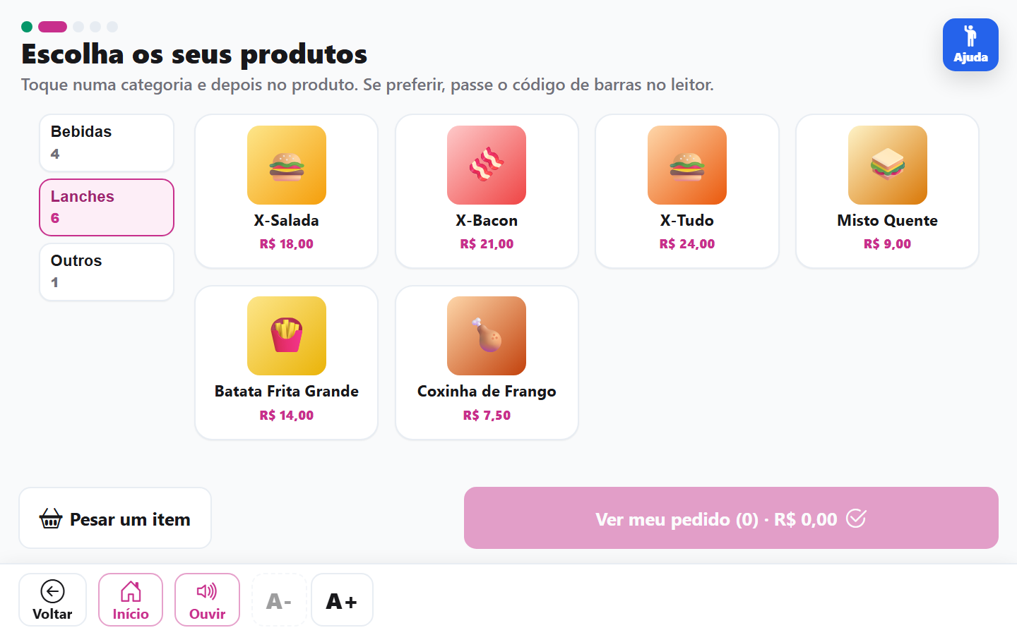 O mesmo cardápio com o tema Rosa aplicado: trilho, preços e botões na cor da marca