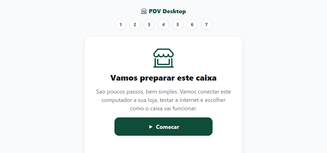 Tela de boas-vindas do assistente: Vamos preparar este caixa, com os 7 números do progresso e o botão Começar