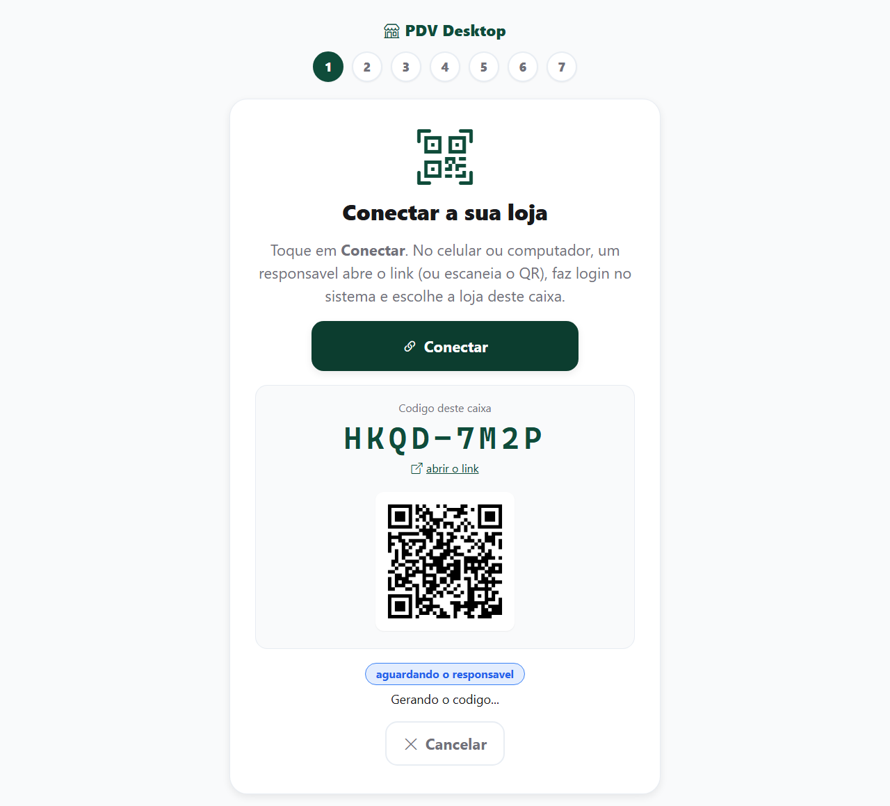Passo 1 do assistente: código do caixa em letras grandes, QR code e selo aguardando o responsável