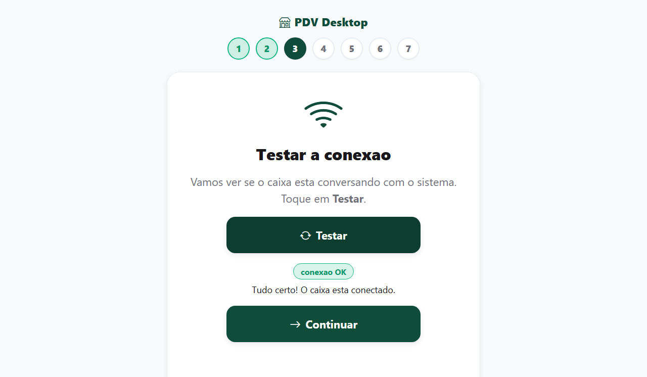 Passo 3 do assistente: botão Testar e o selo verde conexao OK