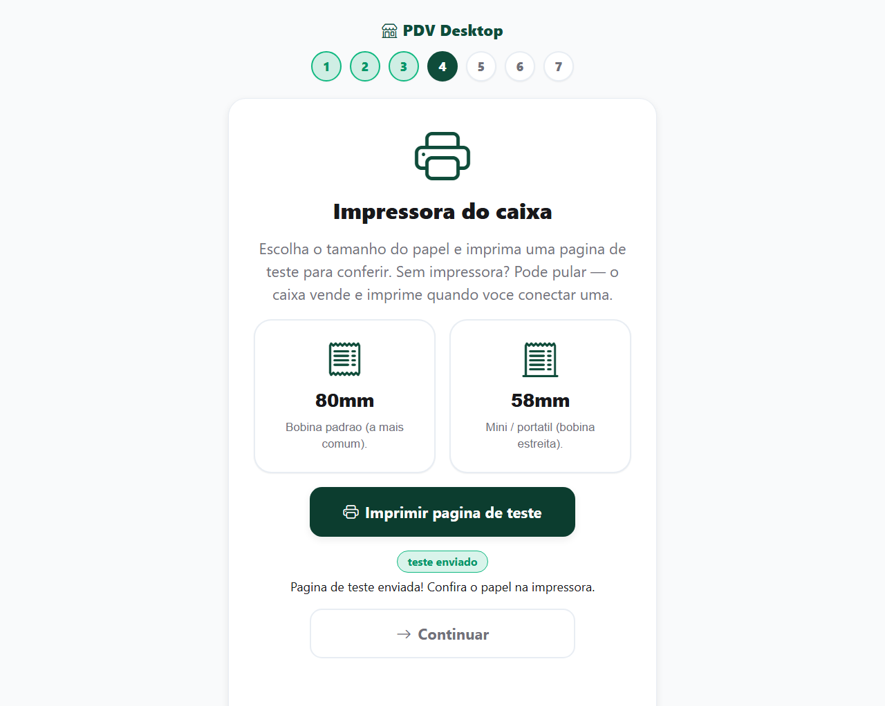 Passo 4 do assistente: escolha de bobina 80mm ou 58mm, botão Imprimir pagina de teste e selo teste enviado