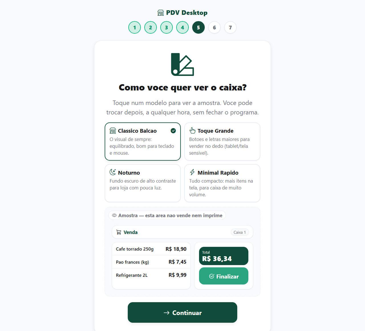 Passo 5 do assistente: os quatro modelos de tela do aplicativo e a amostra marcada como area que nao vende