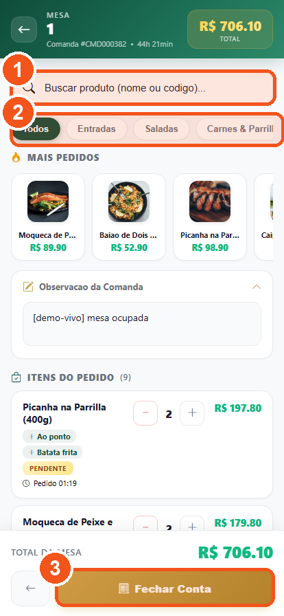 Comanda da mesa no celular do garçom