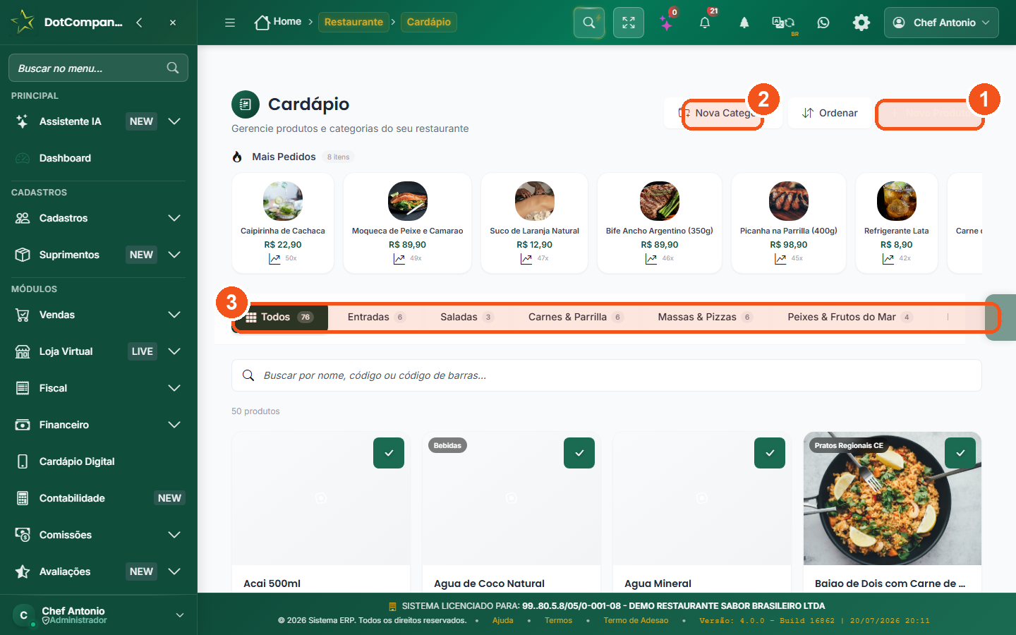 Cardápio com produtos e categorias