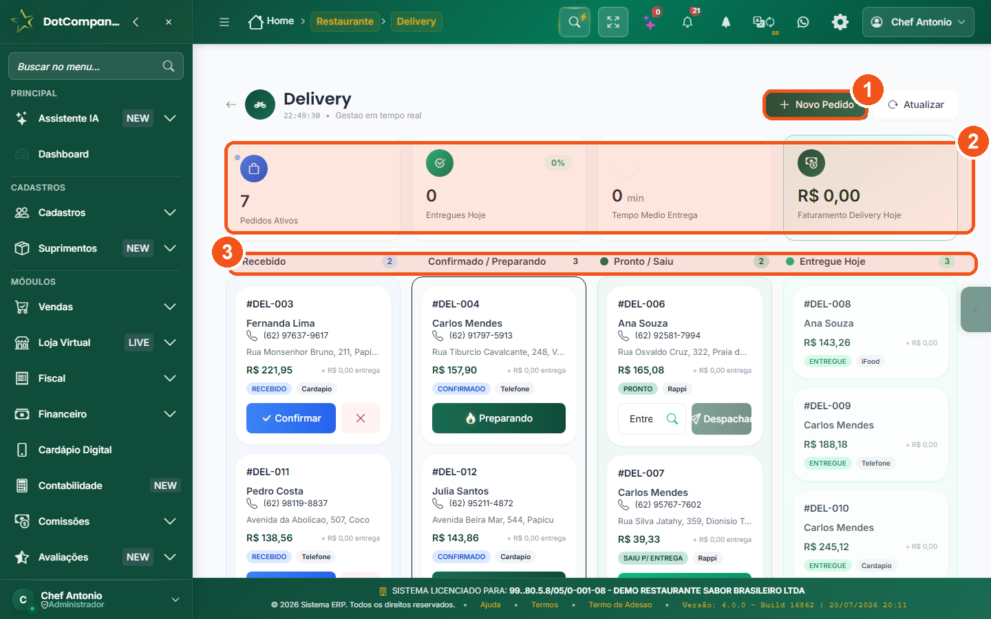 Quadro de delivery com colunas de entrega