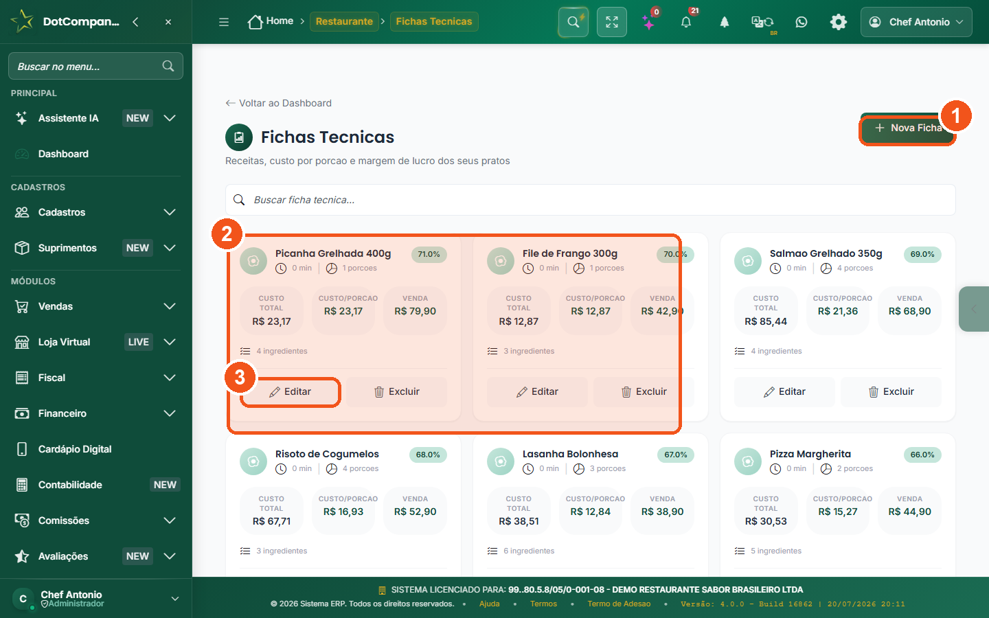 Fichas técnicas com custo e margem dos pratos