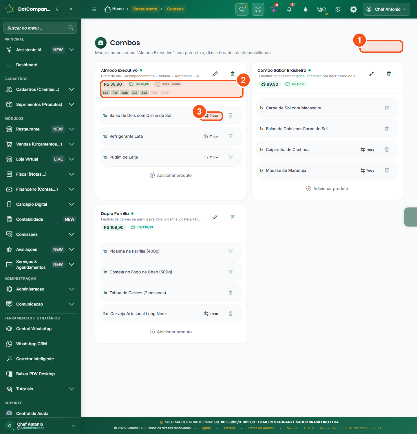 Tela de Combos com preço fixo e disponibilidade