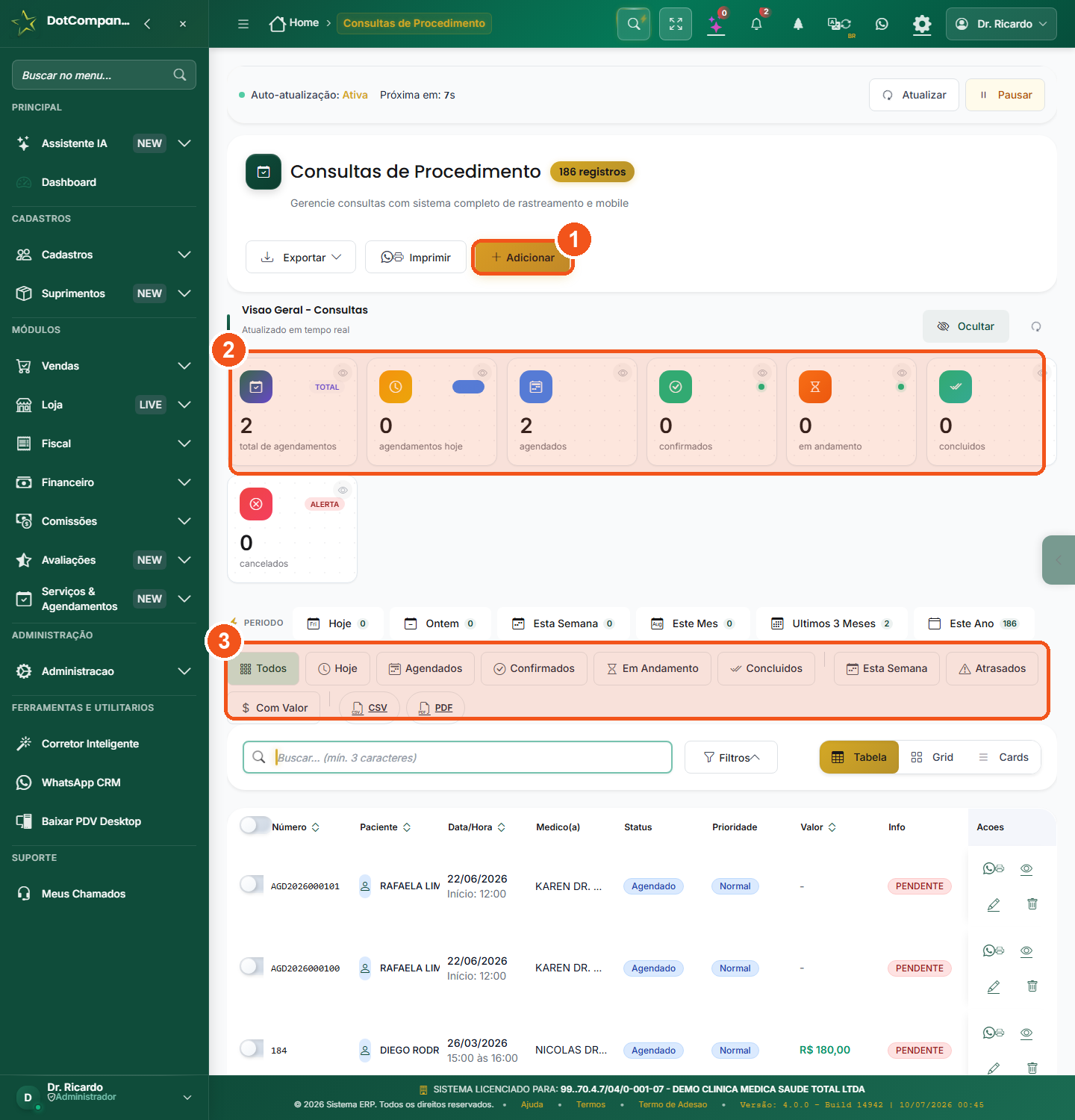Tela principal com a lista de agendamentos e os cartoes de visao geral