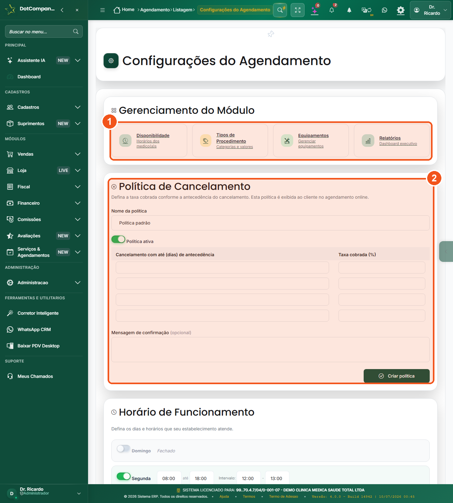 Tela de configuracoes com os cartoes do modulo e a politica de cancelamento