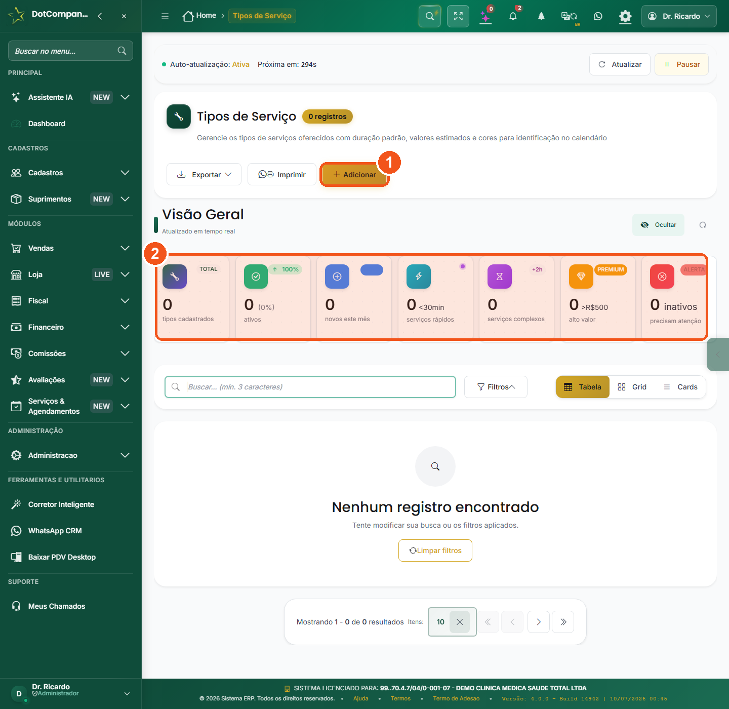 Catalogo de tipos de servico com cartoes de visao geral
