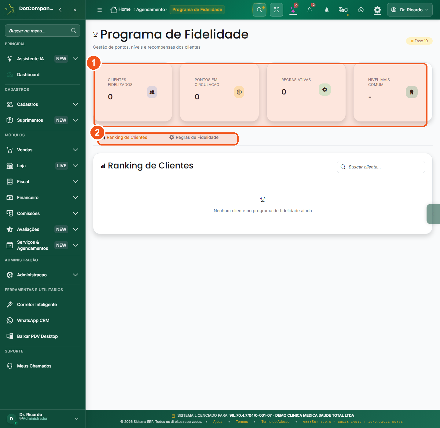 Tela do programa de fidelidade com cartoes e ranking de clientes