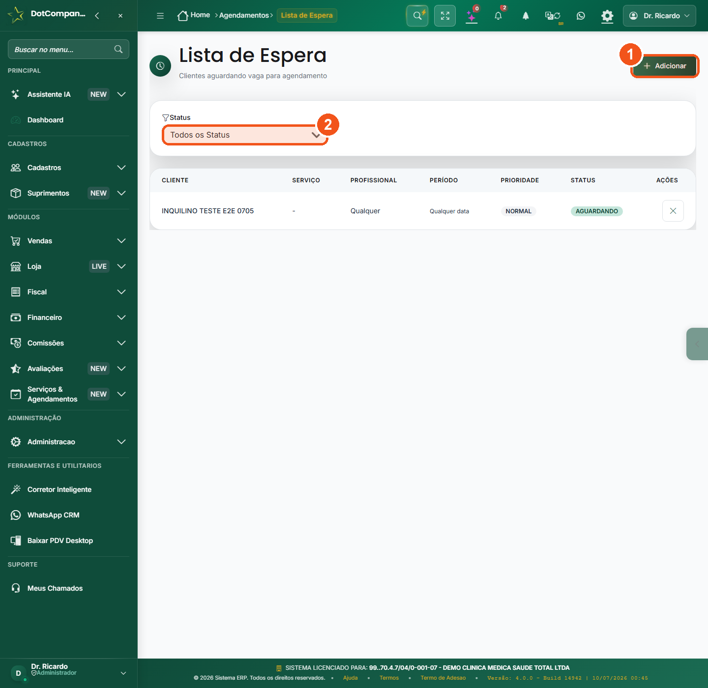 Lista de clientes aguardando vaga para agendamento