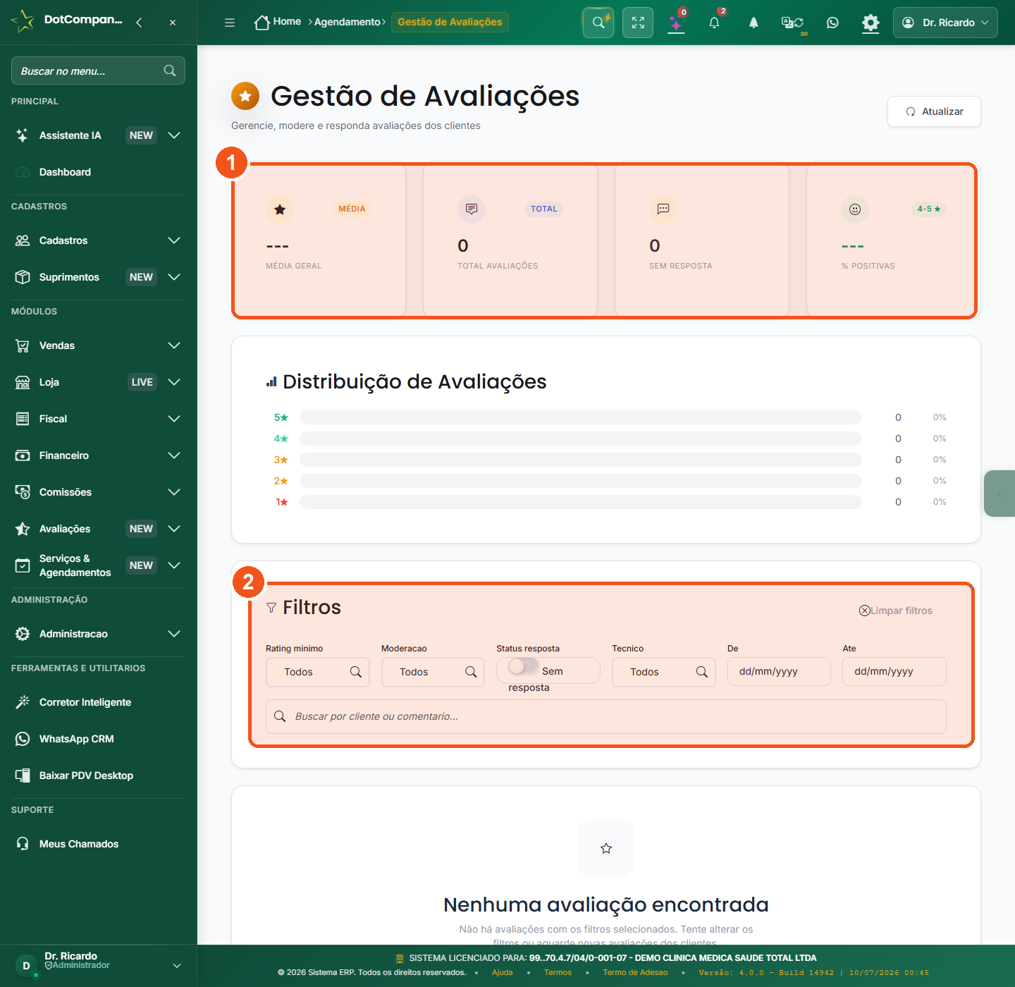 Tela de gestao de avaliacoes com cartoes, distribuicao e filtros