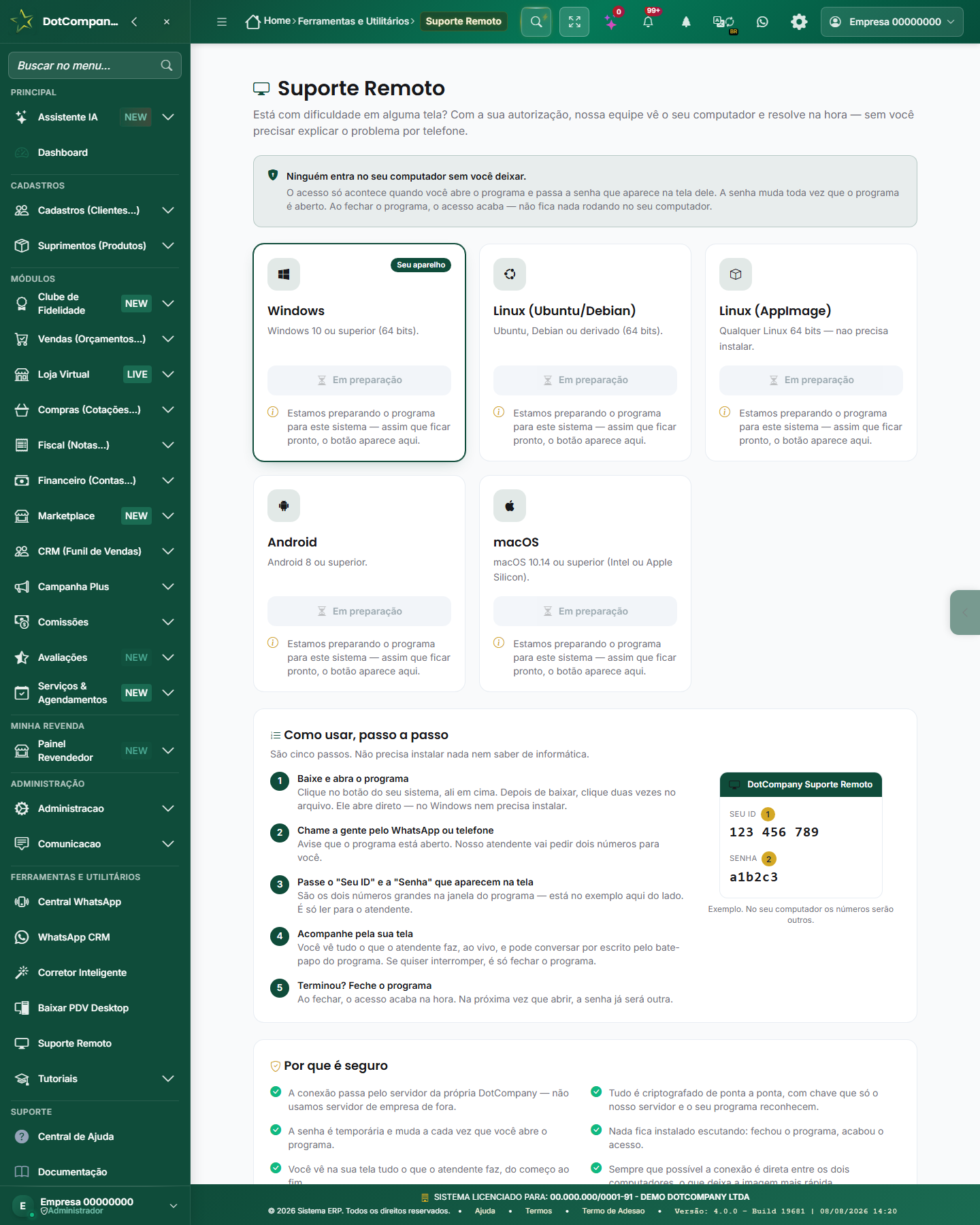 Tela do Suporte Remoto no ERP, com o aviso de privacidade e os botões de download por sistema