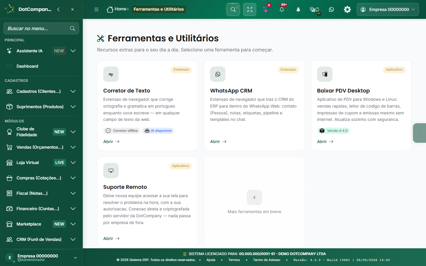 Página de Ferramentas e Utilitários do ERP mostrando os cartões das ferramentas