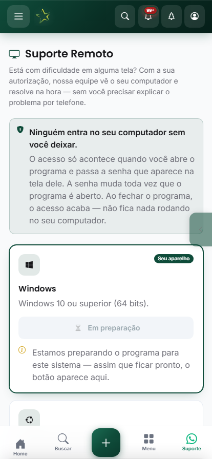 Tela do Suporte Remoto no celular, com o cartão do sistema detectado em destaque