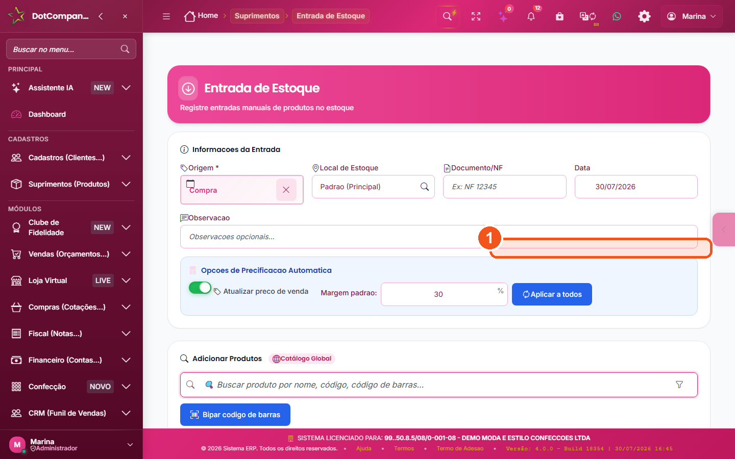 Entrada de Estoque