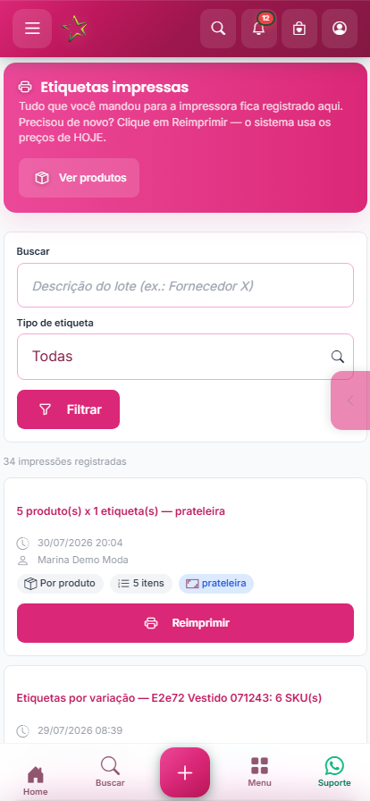 Etiquetas impressas no celular