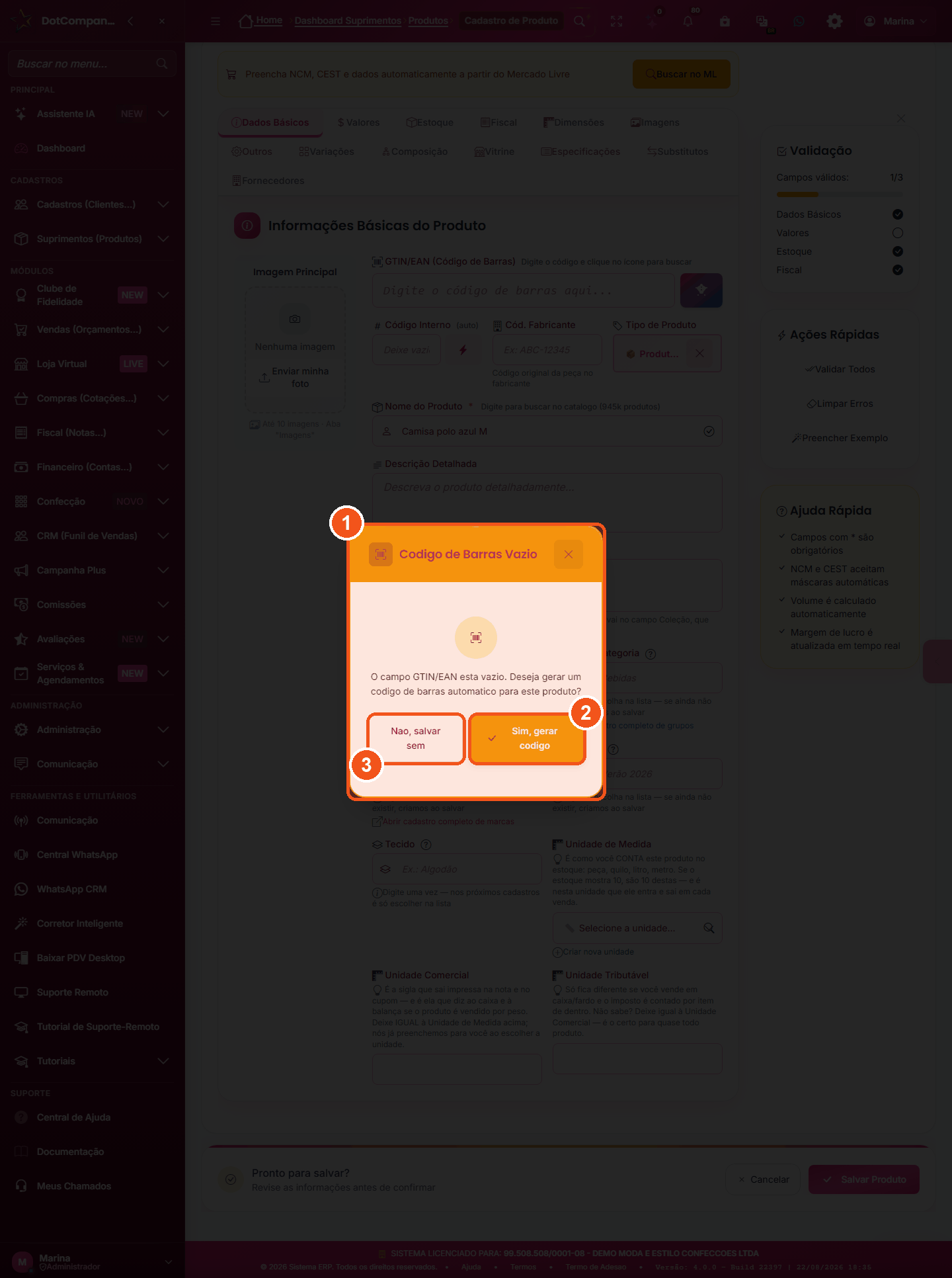 A pergunta sobre código de barras ao salvar o produto