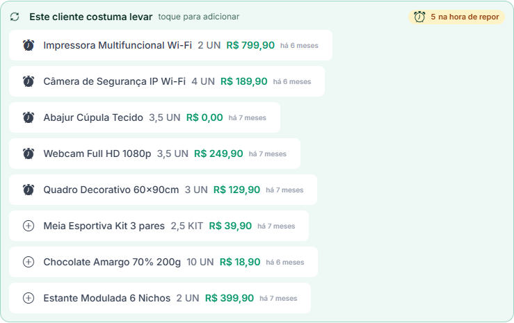 Chips do que este cliente costuma levar, na tela da venda