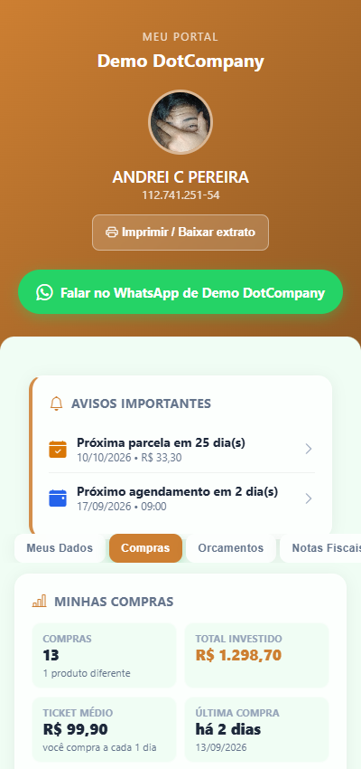 Aba Compras do Portal do Cliente no celular