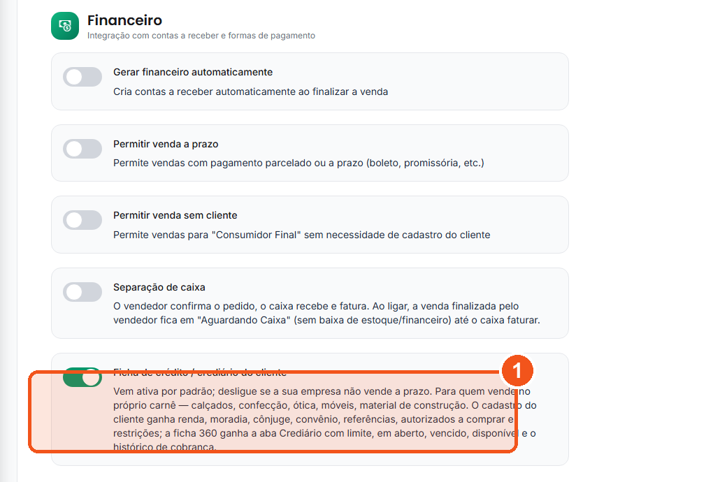 Vendas › Configurações, bloco Financeiro, chave Ficha de crédito / crediário do cliente