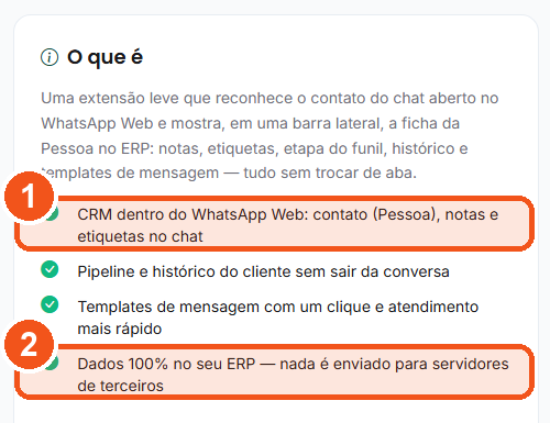 Cartão “O que é” do WhatsApp CRM, com os 4 destaques do que a extensão faz