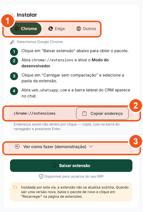 Cartão “Instalar” com as abas Chrome/Edge/Outros, os 4 passos e a caixa do endereço chrome://extensions