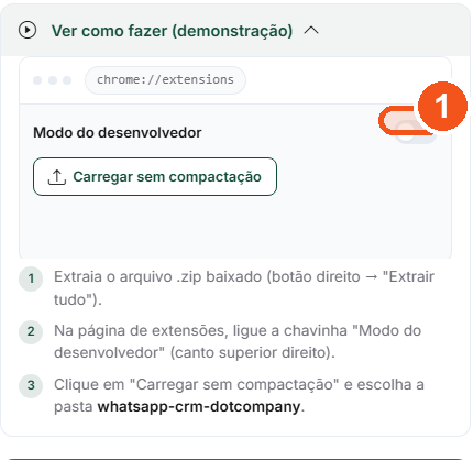 Demonstração animada aberta, mostrando a chavinha Modo do desenvolvedor e o botão Carregar sem compactação
