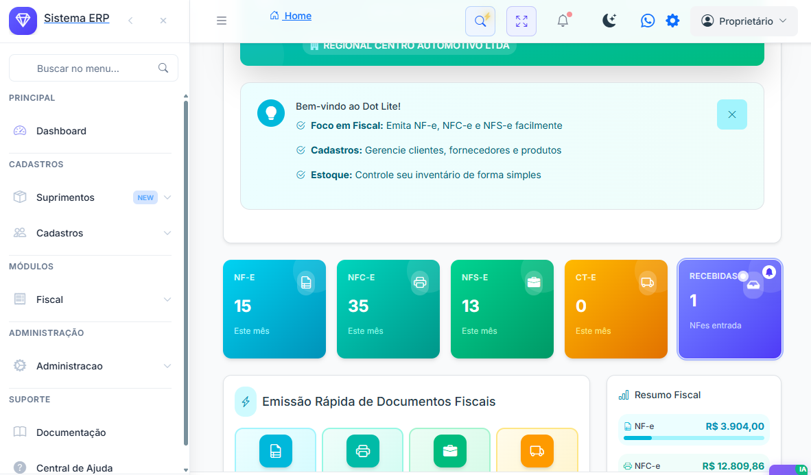 Dashboard do Sistema DotCompany - ERP completo com NFe, NFCe, NFS-e, financeiro, estoque e CRM